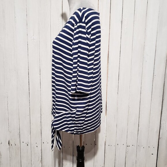 Chico's XL Top Blouse Blue White Striped Short Sleeve Tie Front Knit Stretch - Picture 3 of 5